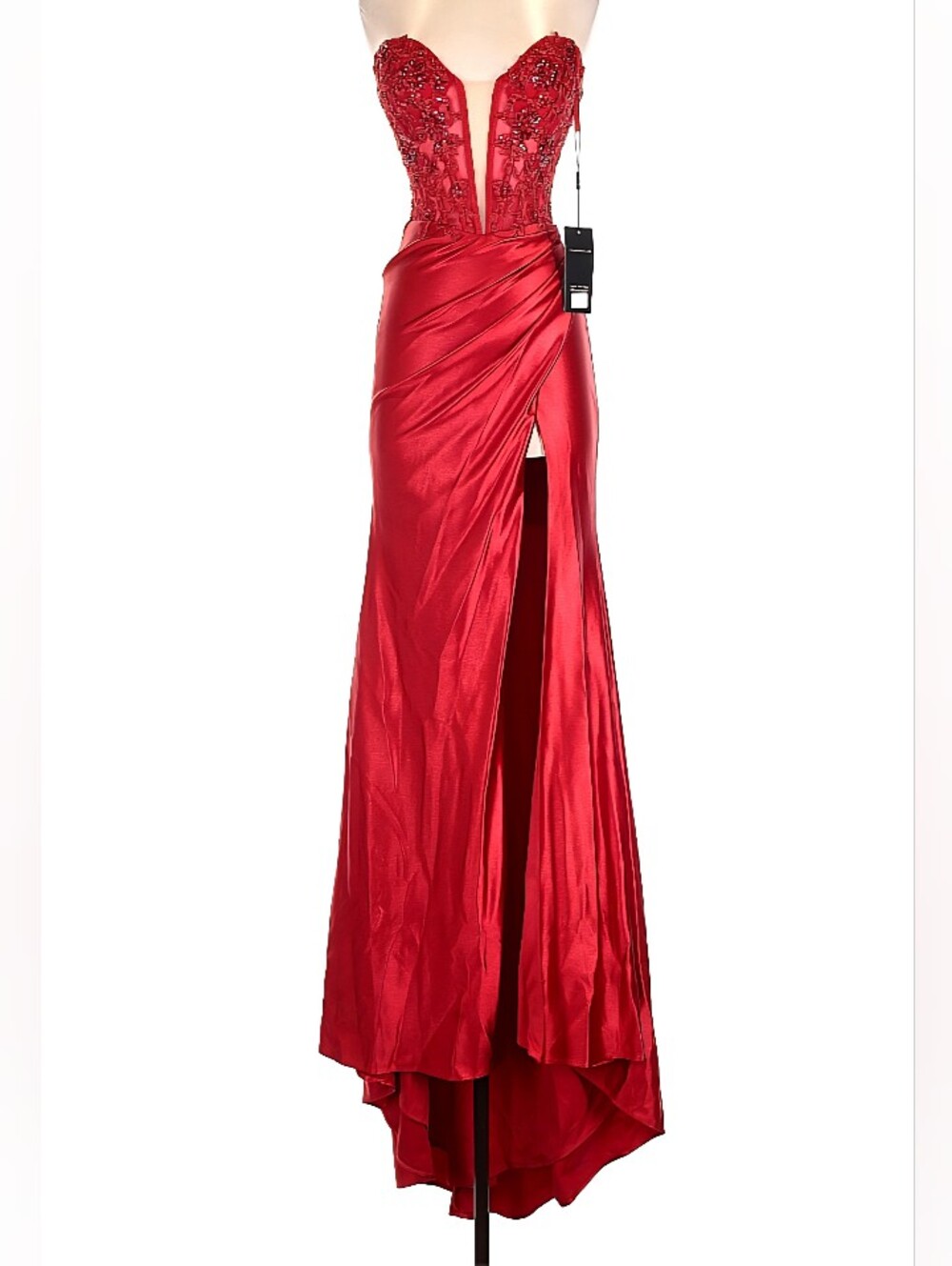 Nox Anabel Red Satin Plunge Beaded Corset Prom Dress Size 2 NWT